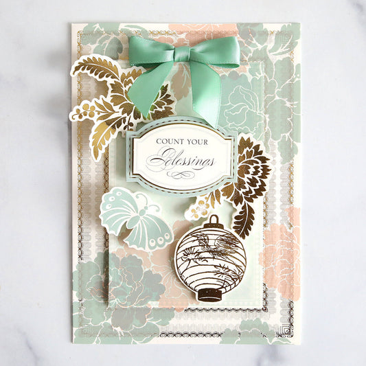 Peach and blue custom layered card with count your blessings sentiment.