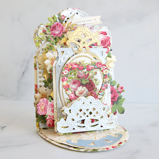 floral pulley card with ice blue layers and romantic floral stickers