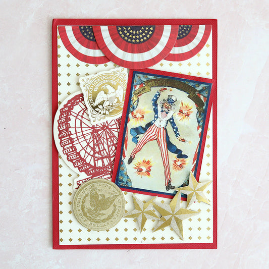 Patriotic card with bunting and fireworks, Uncle Sam and stars