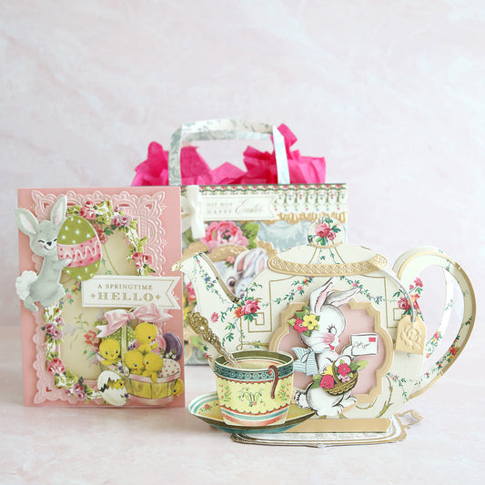 Trio of Easter projects complete with new Easter stickers, a handmade bag and a wonderful tea holder.