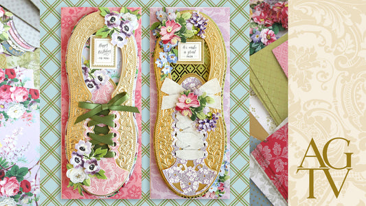 2 paper shoes cards with pretty paper patterns around