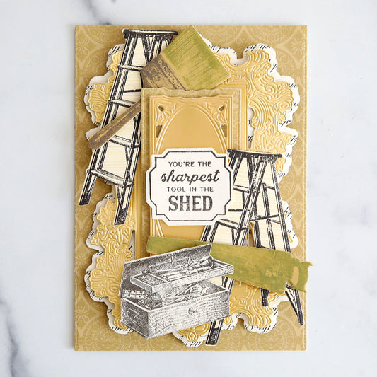 You're the Sharpest Tool in the Shed card with various stamped and gold foil images.