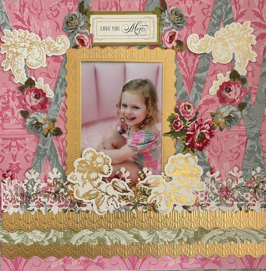 Pink tonal scrapbook page with components from Crop at Home 4 and a photo of a girl smiling.