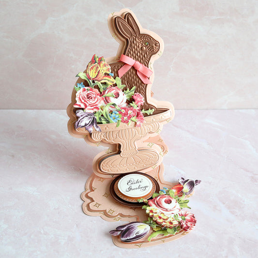 bunny easel card with flowers and a bow