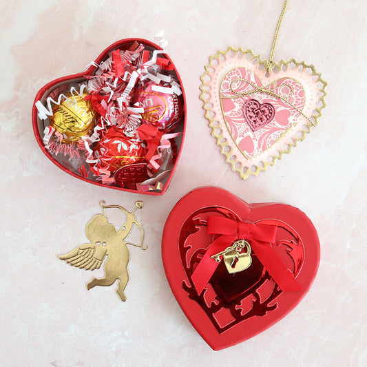 red box, cupid, hearts and chocolates