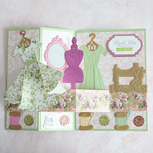 Z card that is sewing themed in pink and green