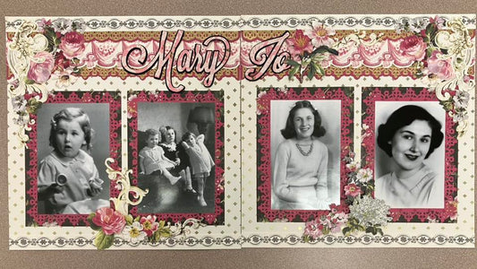 Ivory, pink and floral scrapbook pages with black and white photos.