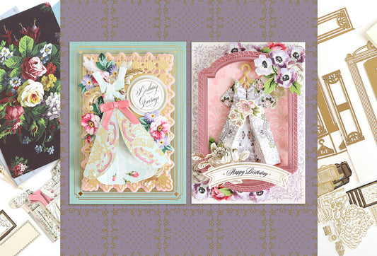 Two cards made with the paper dress dies and products