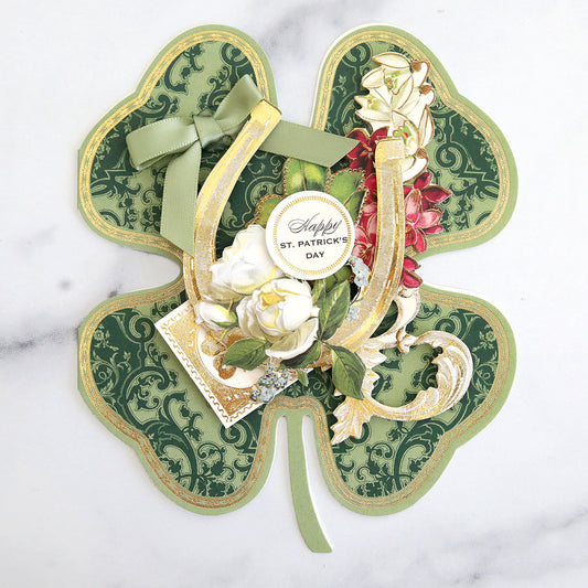 patterned shamrock card with vintage components and Happy St. Patrick's Day sentiment