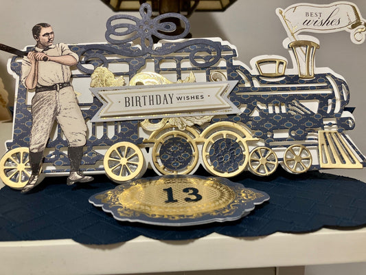 Navy, gold and baseball themed train card.