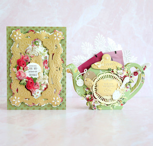 two green cards that coordinate with gold foil accents and flowers.