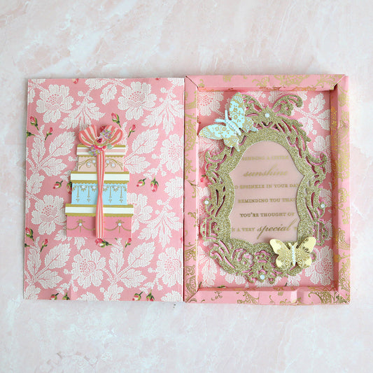 Pink Diorama Dies card with birthday embellishments