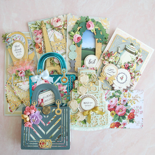 an array of cards including the Paper Shoe card, cake easel card, purse cards and more