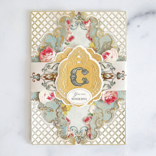 rose, vellum and rub on monogramed card