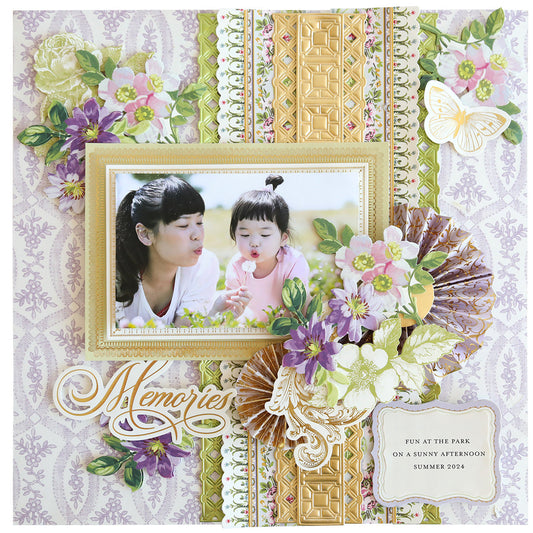 Purple, white, green and gold scrapbook page with intricate borders