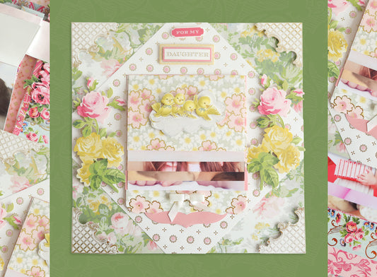 Waterfall Dies scrapbook page with spring colors and patterns
