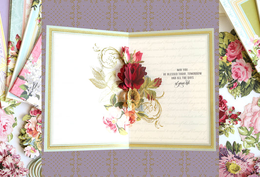 Picture of floral, folded flower card with components on either side.