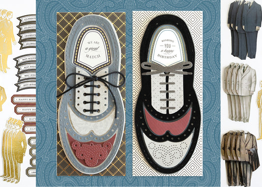 2 wingtip shoe cards with coordinating embellishments