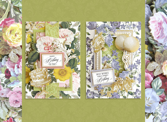 green background with birthday cards and floral components