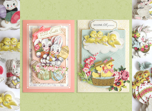 green background with spring cards and embellishments