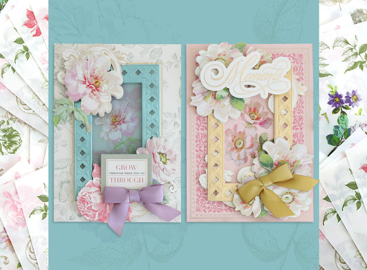 Blue background with Antique Botanical patterned cards