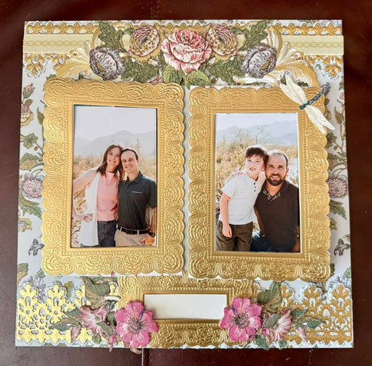 scrapbook page with multiple photos on wildflower meadow