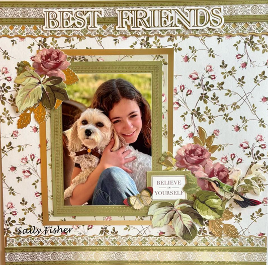 Floral scrapbook page with photo of girl and dog