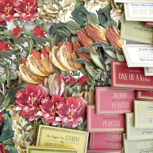 an assortment of tulip stickers and coordinating sentiments