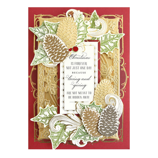 A christmas card with pine cones and holly.