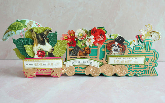 3D train project with dog embellishments, tropical papers and diecuts