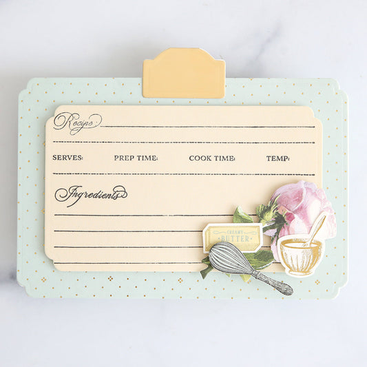 Blue recipe card with ivory recipe decorated with gold tab, rose, butter, bowl and whisk sticker