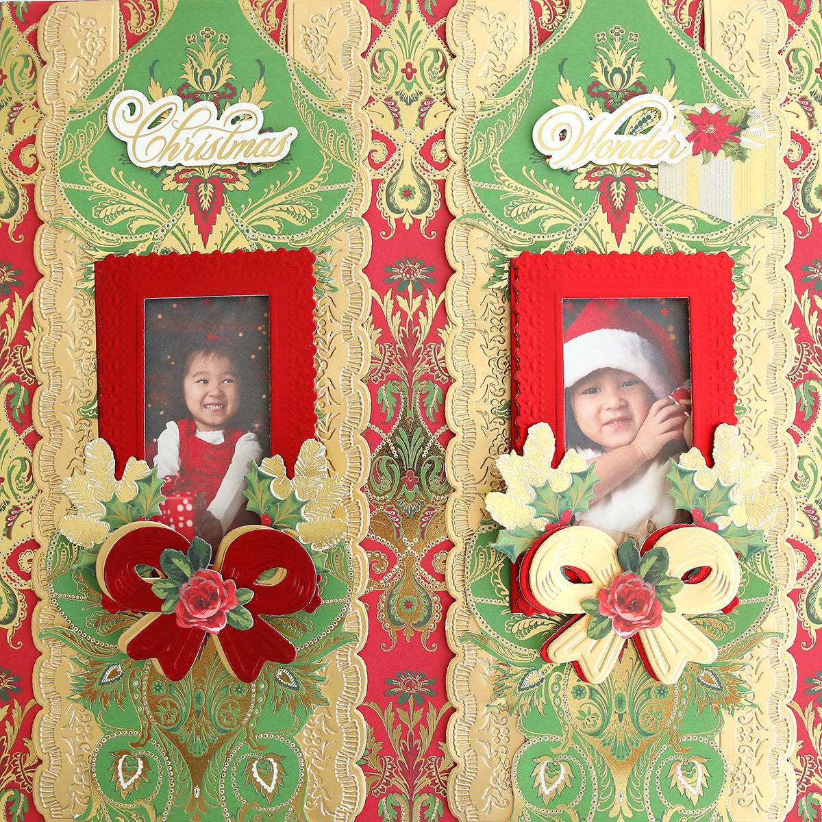 Expertly accented with patterned cardstock from the Jasmine Holiday Papercrafting Kit, two children’s holiday portraits are displayed in ornate red, gold, and green frames adorned with Christmas-themed embellishments and the words “Christmas” and “Wonder” above each photo, adding an extra touch of festive flair.