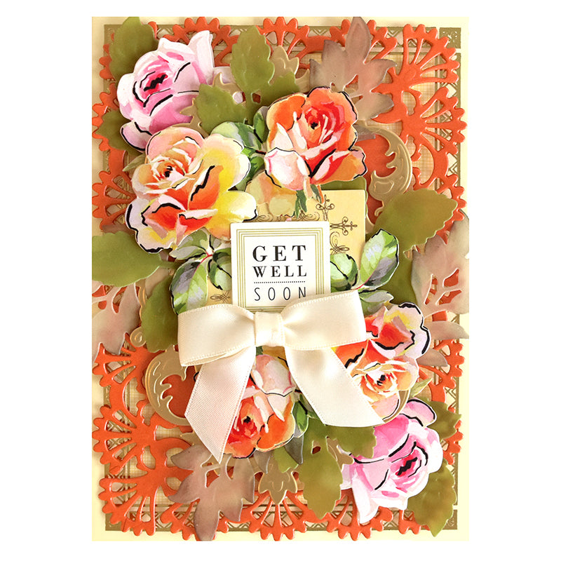 Brighten scrapbook pages with cheerful "Get Well Soon" cards made using the 120 Mascara Rose Stickers—featuring vibrant roses, lush green leaves, an ornate orange border, and a cream-colored ribbon bow for a delightful floral accent.