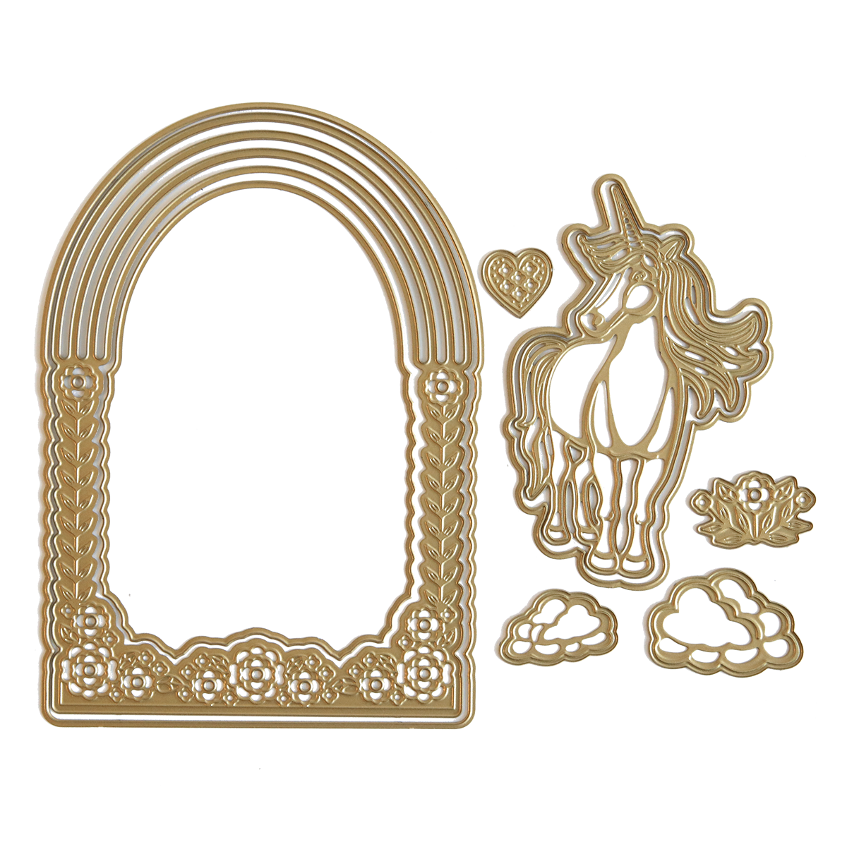 Gold-toned 3D Unicorn Scene Dies featuring a whimsical design with unicorns, clouds, and floral elements within a heart-shaped arch, perfect for crafts.