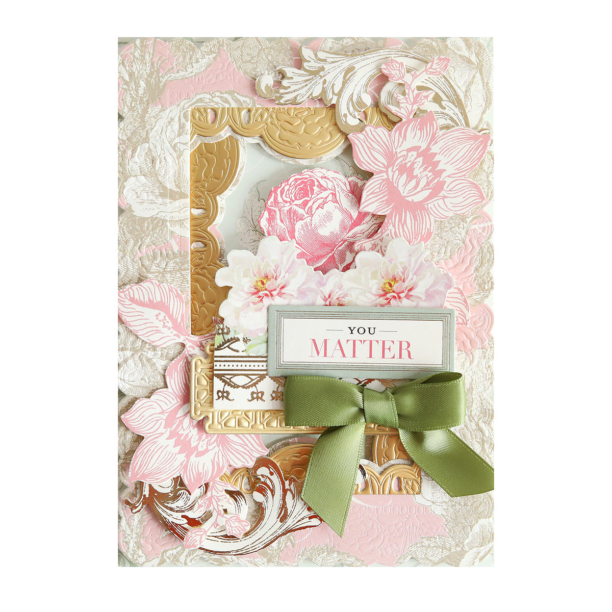 The Ultimate Vintage Botanical Papercrafting Collection features a decorative greeting card with gold and pink floral designs, a green ribbon bow, and a “You Matter” sign in the center.