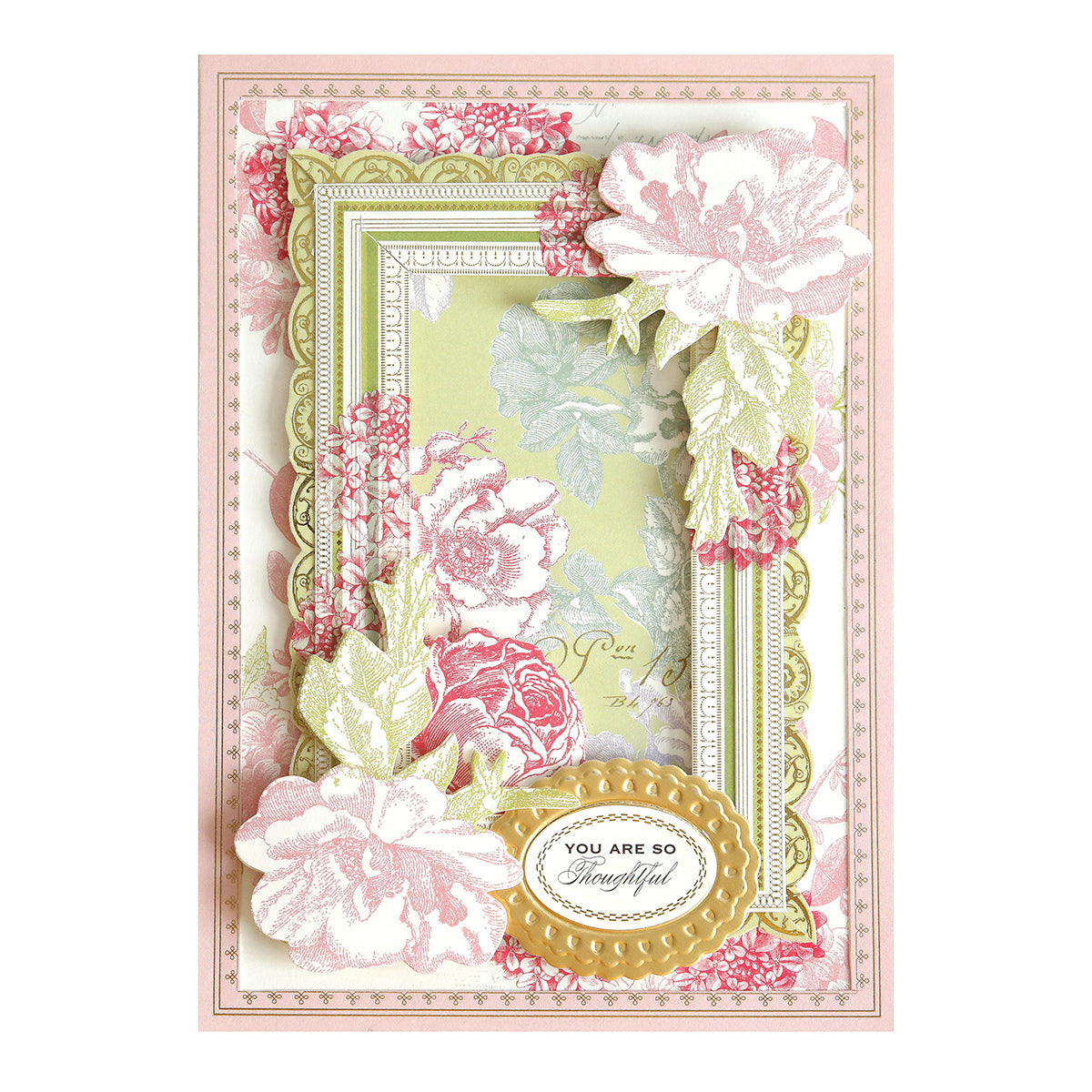 A decorative floral greeting card with layered pink and white flowers, ornate frames, and a gold label reading "You are so thoughtful.