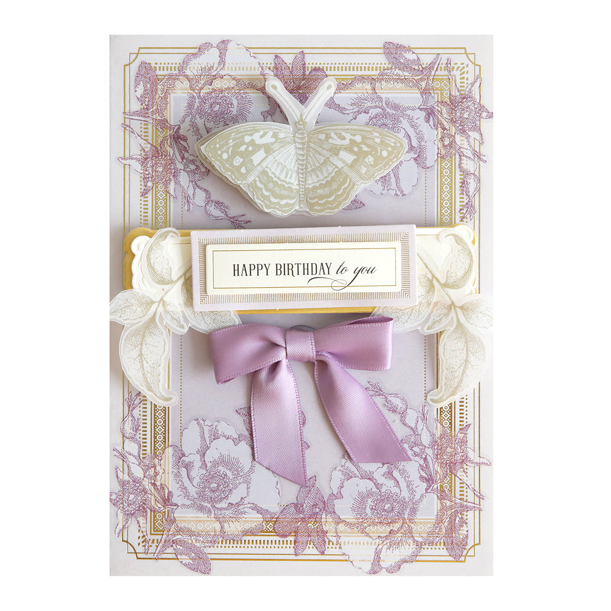 A decorative birthday card featuring a 3D butterfly, a "Happy Birthday to you" message, a purple bow, and floral accents on a lavender and gold background.