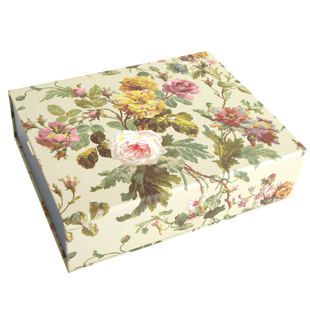 The Francesca Embellishment Storage Box features vibrant floral patterns on a light background, ideal for organizing craft supplies. The rectangular box is closed and viewed from a slight angle, reminiscent of an Anna Griffin design.