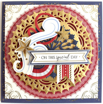 Intricate Celebration Chest Embossing Folder with Dies with a patriotic theme, featuring a gold filigree design, embossed stars, and a banner reading "on this special day.