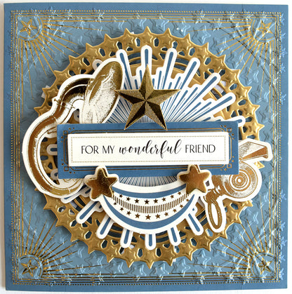 Handmade greeting card with a layered design featuring stars, geometric shapes, and a banner reading "for my wonderful friend" using the Celebration Chest Embossing Folder with Dies on an embossed blue background.