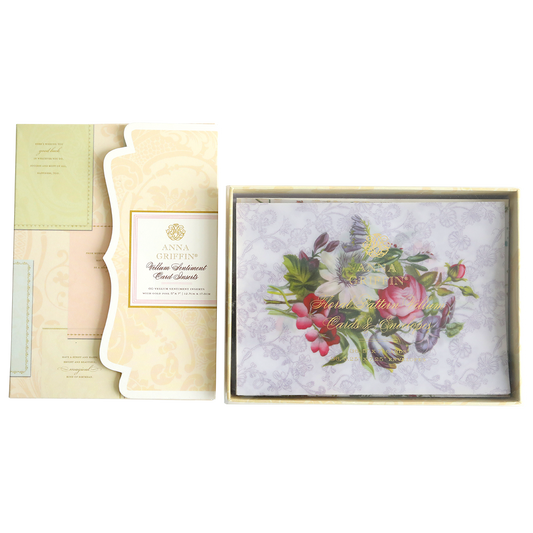 Open gift box containing a set of Vellum Sentiment Inserts with Vellum Floral Cards, displayed against a soft yellow background.