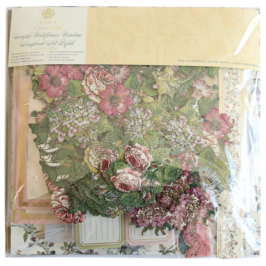 A package of Wildflower Meadow Papers and Embellishments, including floral-themed decorative elements, papers, and other craft supplies for creating handmade cards or a Wildflower Meadow Scrapbook, all in a clear plastic bag with branded labeling.