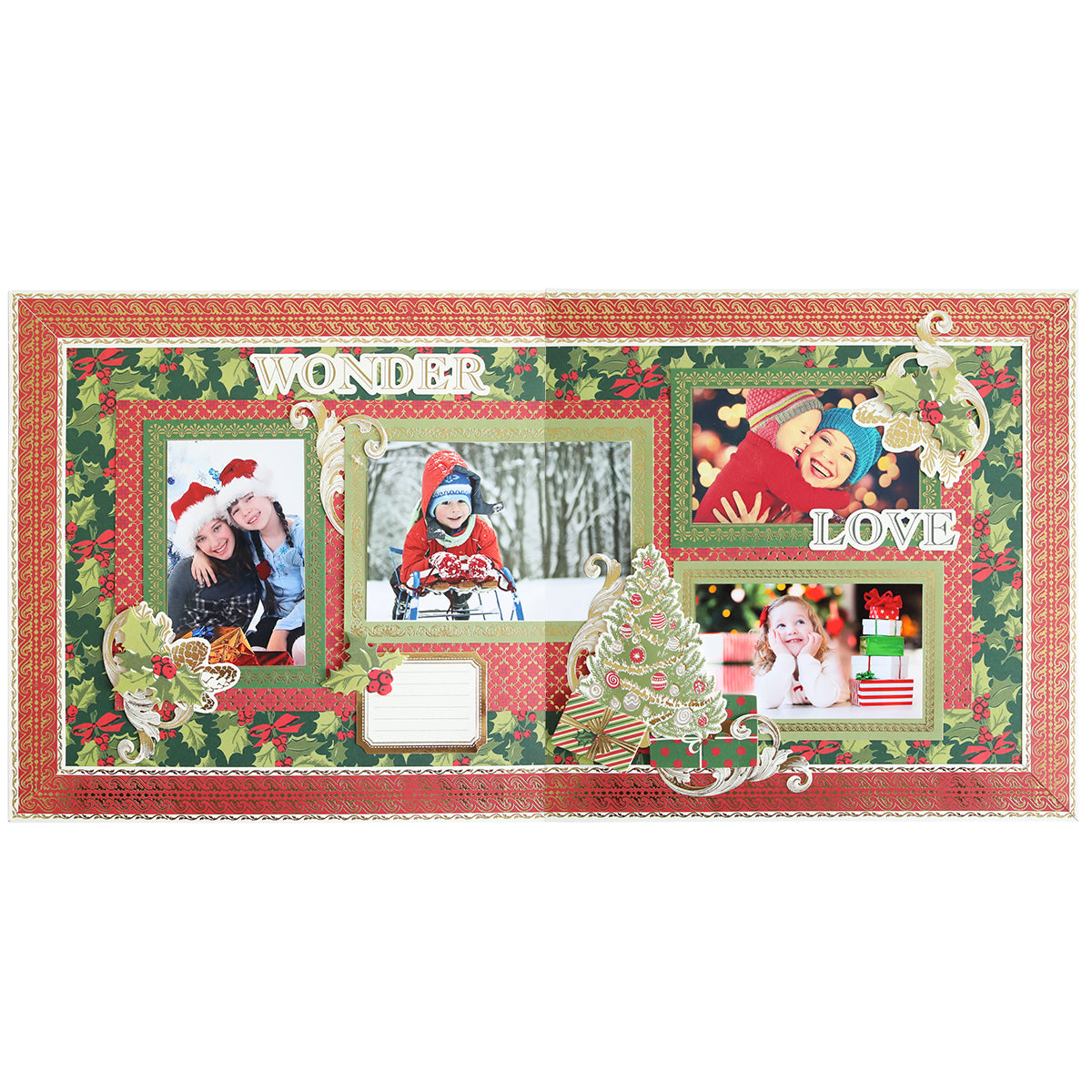 A festive Christmas scrapbooking page featuring three holiday photos, holly borders, a Christmas tree, and the words "WONDER" and "LOVE," made with elements from the Simply Noel Scrapbooking Kit.