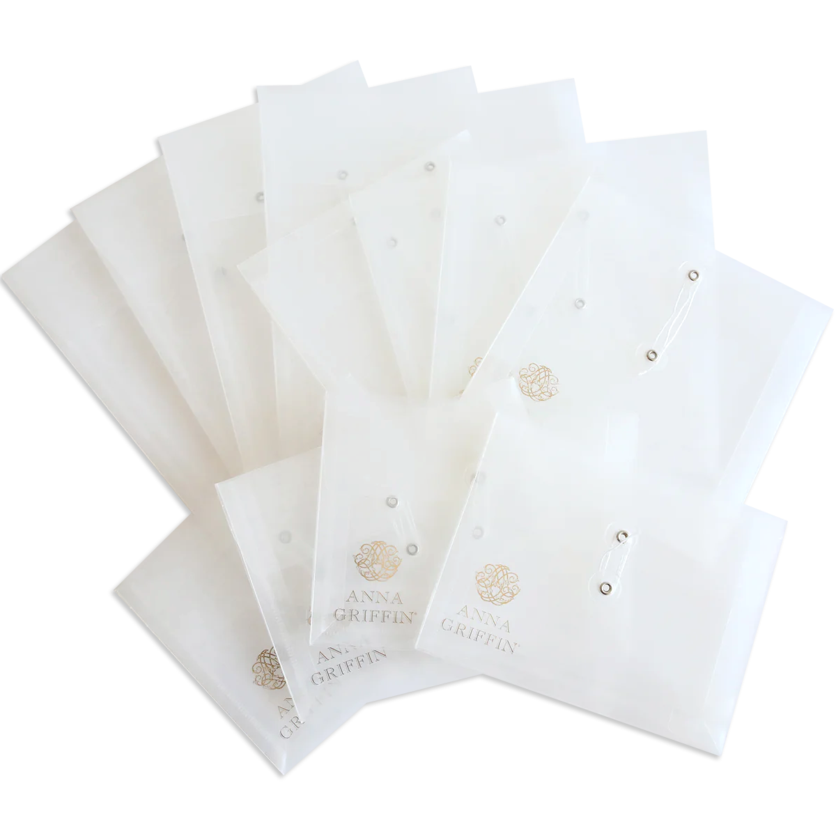 A collection of Assorted Pouch Storage, 12 count, features translucent plastic pouches with snap closures and "Anna Griffin" branding, ideal for organizing craft supplies or as an elegant die pouch.