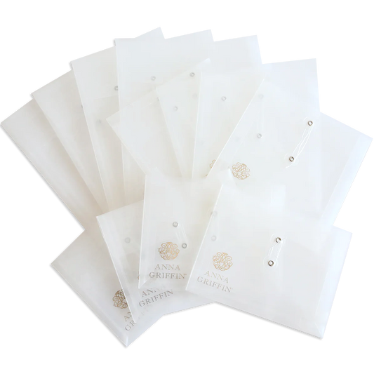 A collection of Assorted Pouch Storage, 12 count, features translucent plastic pouches with snap closures and "Anna Griffin" branding, ideal for organizing craft supplies or as an elegant die pouch.