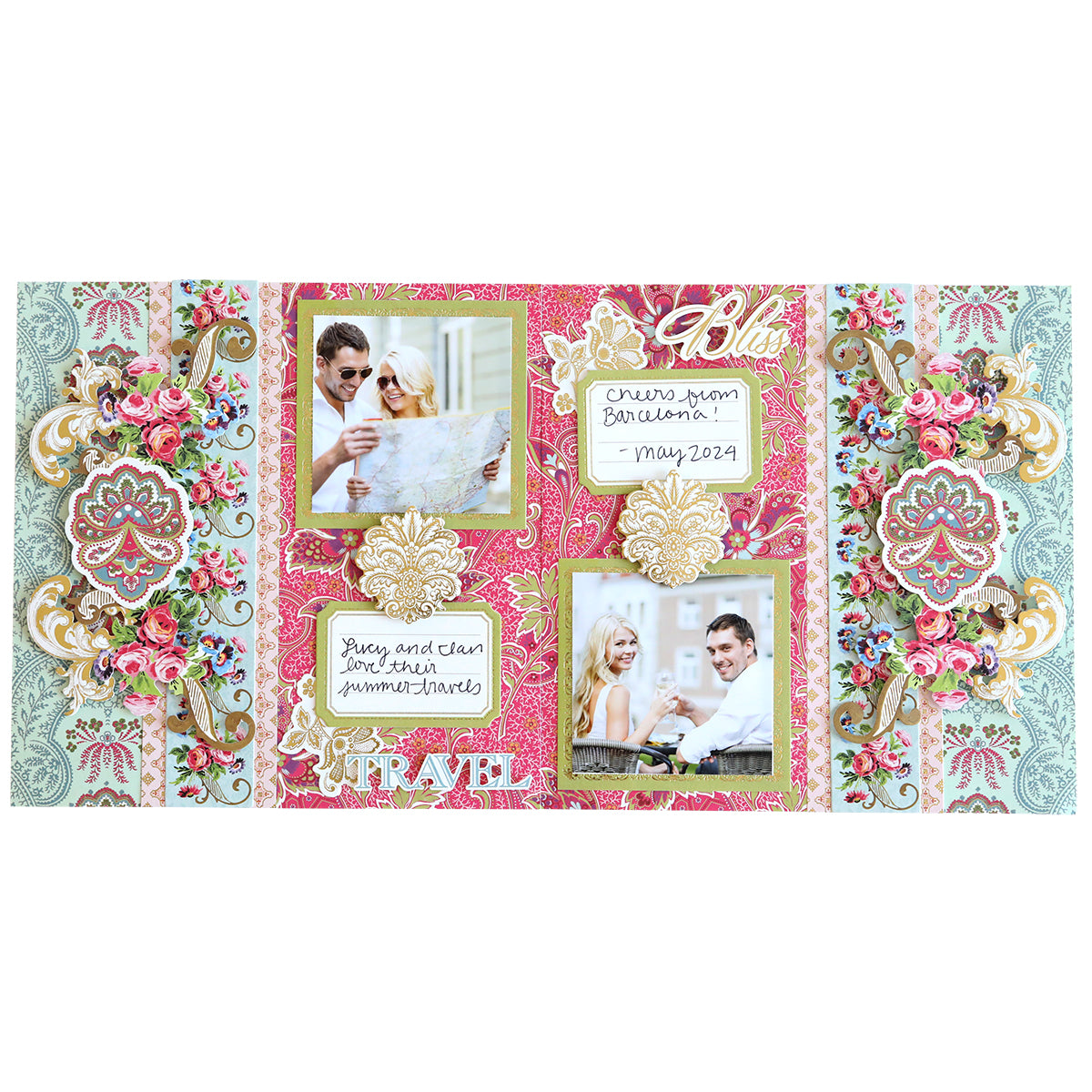 A decorative travel-themed scrapbook page was created with the Simply Paisley Mini Album and Materials, featuring two couple photos, floral patterns, handwritten notes, photo mats, and captions: "Cheers from Barcelona! May 2021" and "Travel.