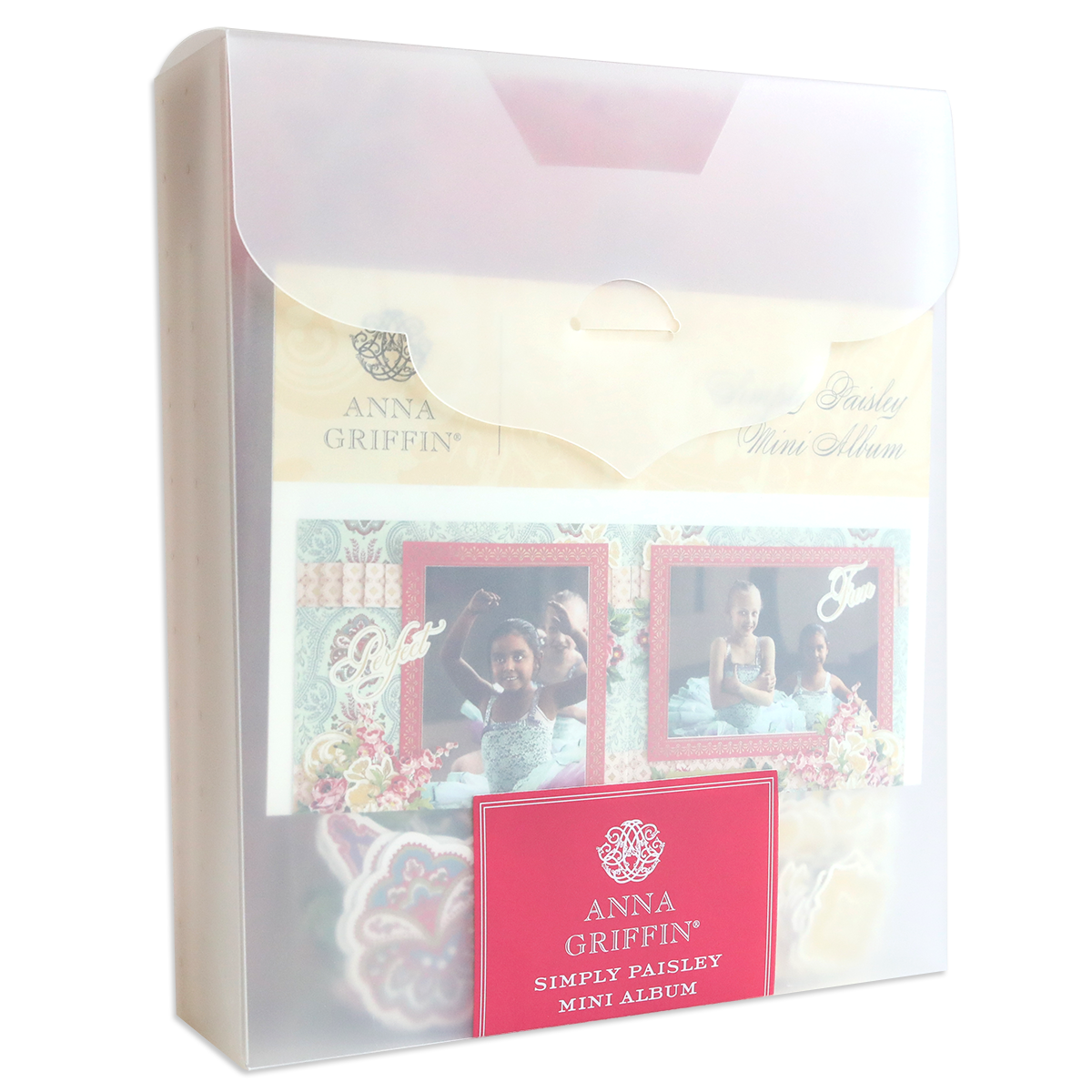 A translucent plastic case holds the Simply Paisley Mini Album and Materials, showing decorative pages, photo mats, and a red front label.