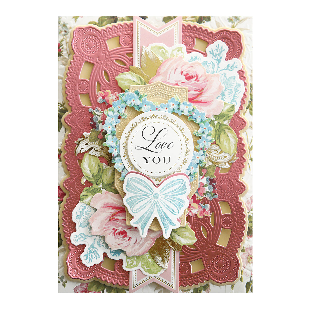 The Luxury Matte Foil Cardstock Pink card features pink roses, gold accents, blue flowers, a blue butterfly, and "Love You" in elegant script, all intricately diecut on premium matte foil cardstock.