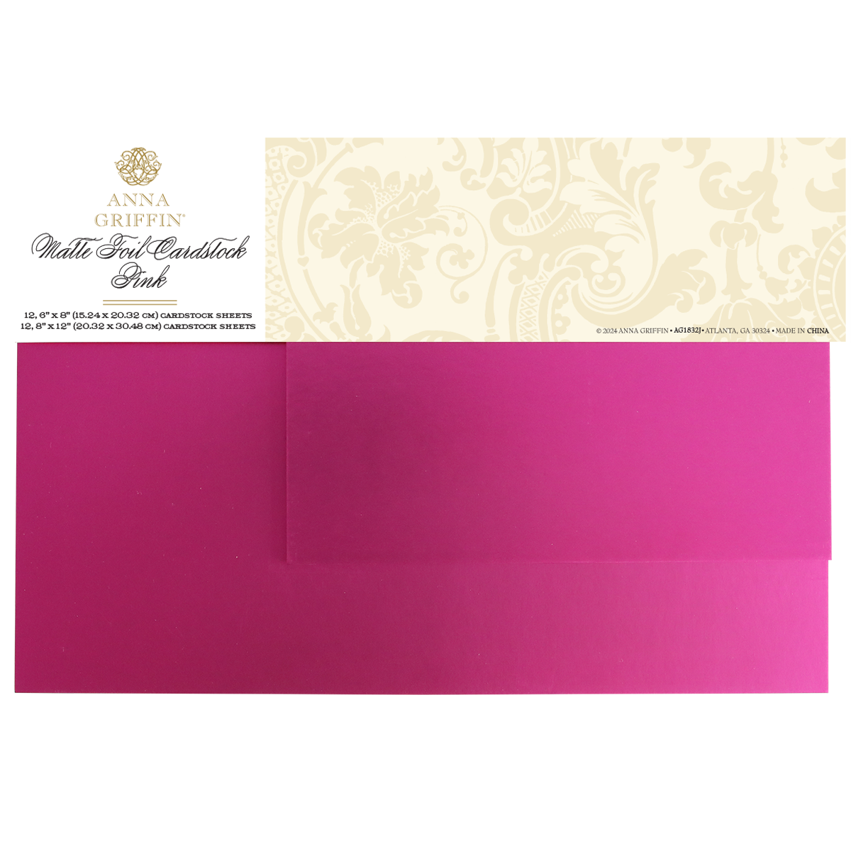A pack of Luxury Matte Foil Cardstock in bright pink by Anna Griffin, ideal for die-cutting and embossing with an elegant decorative label.