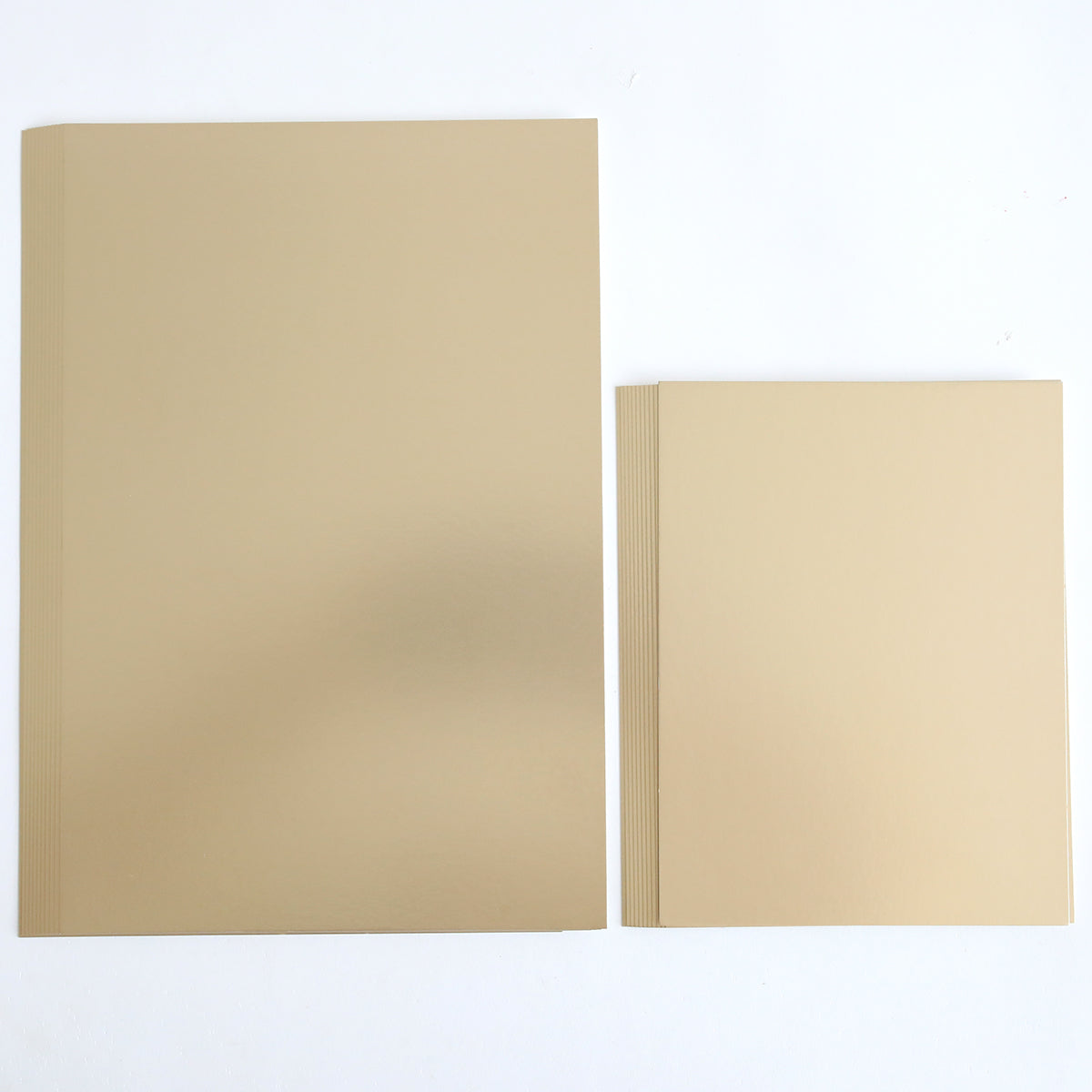 Two beige rectangular notebooks, one large and one small, sit side by side on a white surface—ideal for pairing with Luxury Matte Foil Cardstock Champagne and Black for your next diecutting project.